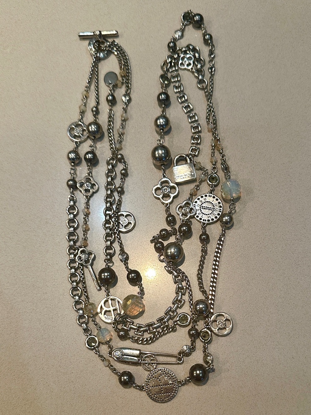 RARE henri bendel Layered Silver-Tone Multi-Chain Necklace with Charm Accents - Picture 1 of 6